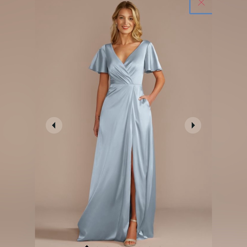 short sleeve stretch charmeuse bridesmaid dress in DUSTY BLUE